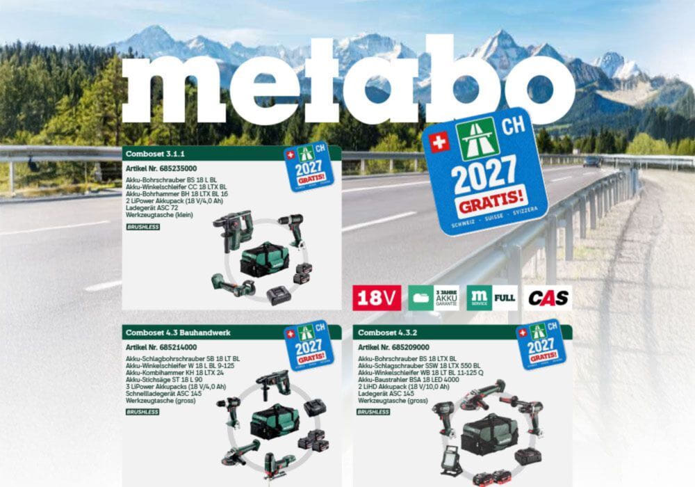 Kits combinés Metabo : kits professionnels sans fil avec vignette gratuite 2027 | Max Urech AG