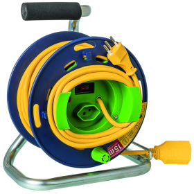Steffen Kunststoff-Gerätekabelrolle LOOP, 1 + 1 x T13, Td 3×1 mm², Thermoschutz, IP20, blau/grün, Kabellänge 15 m
