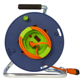 Steffen Kunststoff-Gerätekabelrolle LOOP, 1 + 1 x T13, Td 3×1.5 mm², Thermoschutz, IP20, blau/grün, Kabellänge 30 m