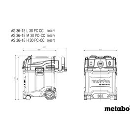 Metabo Aspirateur à batterie AS 36-18 H 30 PC-CC, 18 V avec décolmatage manuel du filtre et CordlessControl