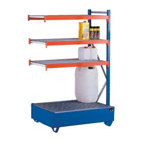 Schulte W-100 Umweltregal-Set für die Lagerung wassergefährdender Stoffe, blau/orange/verzinkt, Anbauregal, BxTxH 2000 x 1250 x 600 mm