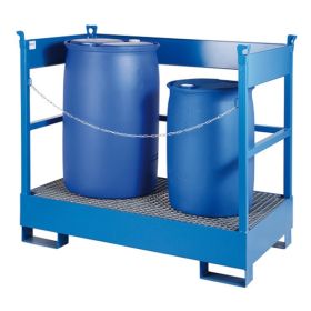 Auffangwanne mit Gitterrost für 2 Fässer (200 l), mit Gabelstaplertaschen, blau lackiert