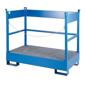 Auffangwanne mit Gitterrost für 2 Fässer (200 l), mit Gabelstaplertaschen, blau lackiert