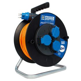 Steffen Kunststoff-Kabelrolle PROFESSIONAL, 3 Steckdosen, PUR 3×1.5 mm², Thermoschutz, IP55, schwarz, 30 m, div. Ausführungen