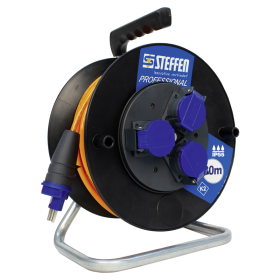 Steffen Kunststoff-Kabelrolle PROFESSIONAL, 3 x T23, PUR 3×1.5 mm², 16 A, 3700 W, Thermoschutz, schwarz, IP55, 30 m