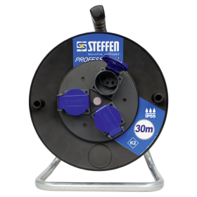 Steffen Kunststoff-Kabelrolle PROFESSIONAL, 3 x T23, PUR 3×1.5 mm², 16 A, 3700 W, Thermoschutz, schwarz, IP55, 30 m