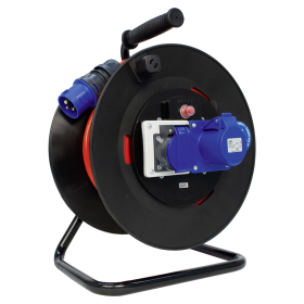 Steffen Kunststoff-Kabelrolle, 1xCEE16/3 + 1xT23, Bauflex 3G1.5 mm², 16 A, Thermoschutz, IP44/IP55, schwarz, 25 m