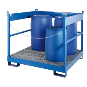 Auffangwanne mit Gitterrost für 4 Fässer (200 l), mit Gabelstaplertaschen, blau lackiert