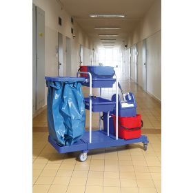 Chariot de nettoyage et de service à usage professionnel avec support pour un sac poubelle et 4 seaux