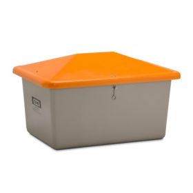 Streugutbehälter GFK, Inhalt 550 l, grau/orange, ohne Entnahmeöffnung, mit abnehmbaren Haltebändern