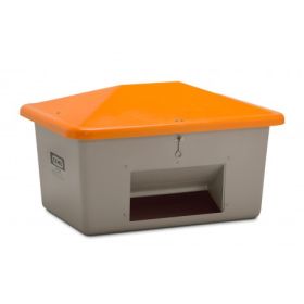 Streugutbehälter GFK, Inhalt 550 l, grau/orange, mit Entnahmeöffnung, mit abnehmbaren Haltebändern