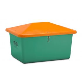 Streugutbehälter GFK, Inhalt 550 l, grün/orange, ohne Entnahmeöffnung, mit abnehmbaren Haltebändern