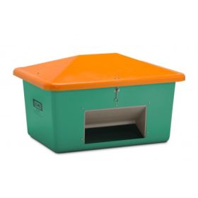 Streugutbehälter GFK, Inhalt 550 l, grün/orange, mit Entnahmeöffnung, mit abnehmbaren Haltebändern