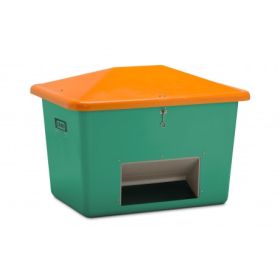 Streugutbehälter GFK, Inhalt 700 l, grün/orange, mit Entnahmeöffnung, mit abnehmbaren Haltebändern
