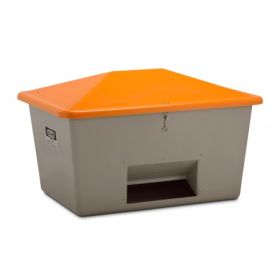 Streugutbehälter GFK, Inhalt 1100 l, grau/orange, mit Entnahmeöffnung, mit Hochstellschere
