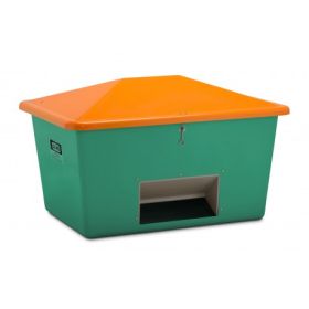 Streugutbehälter GFK, Inhalt 1100 l, grün/orange, mit Entnahmeöffnung, mit Hochstellschere