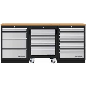 KRAFTWERK Werkbank MOBILIO 3er Standard-Kombi mit 19 Schubladen, Farbe grau/anthrazit, Arbeitsfläche Buche-Multiplex, BxTxH 2040 x 463 x 945 mm