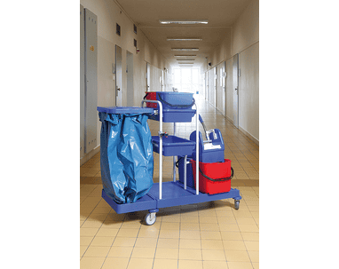 Chariot de nettoyage et de service à usage professionnel avec support pour un sac poubelle et 4 seaux