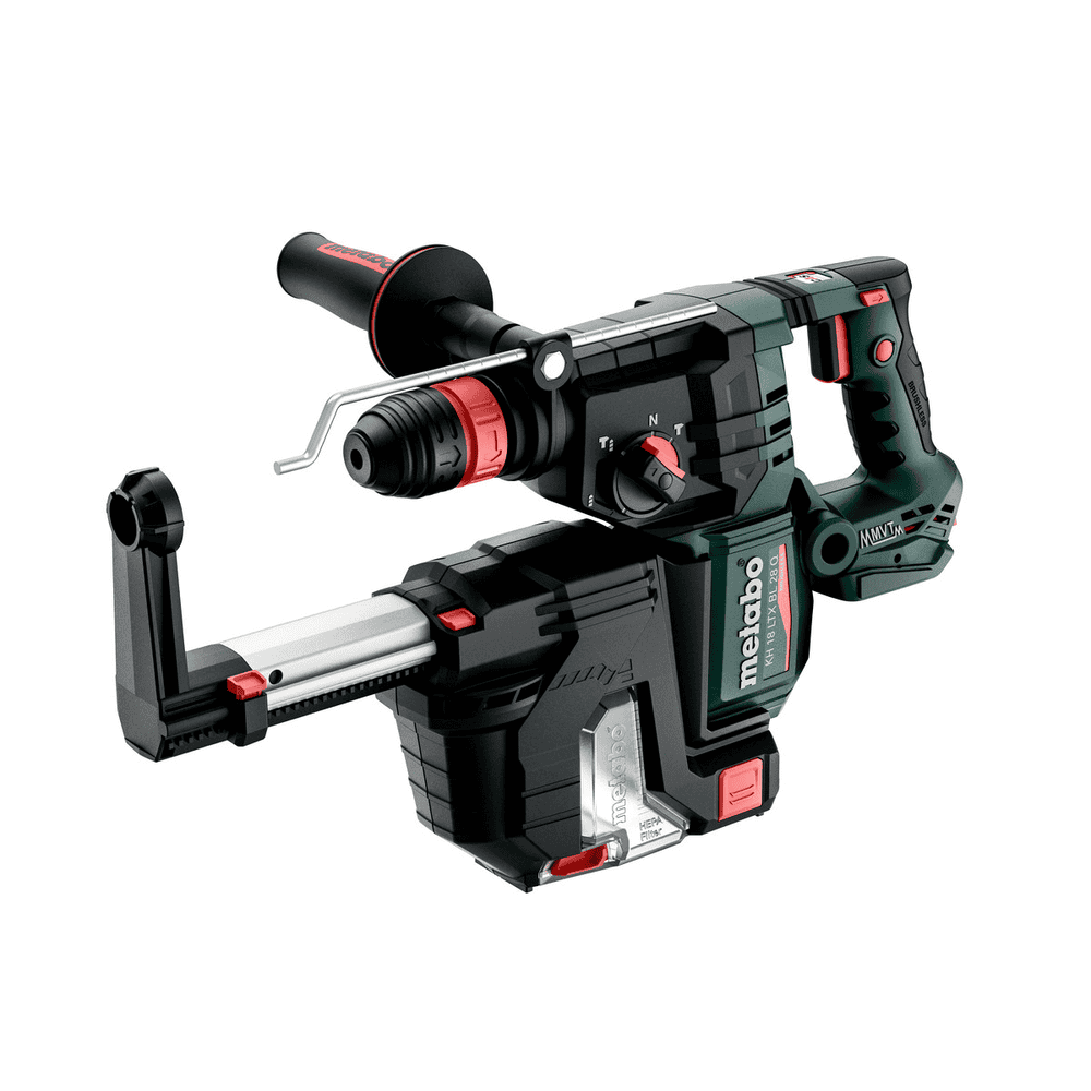 Metabo Akku-Hammer-Set KH 18 LTX BL 28 Q, 18 V (Solo) mit integrierter Staubabsaugung ISA 28 und metaBOX 185 XL