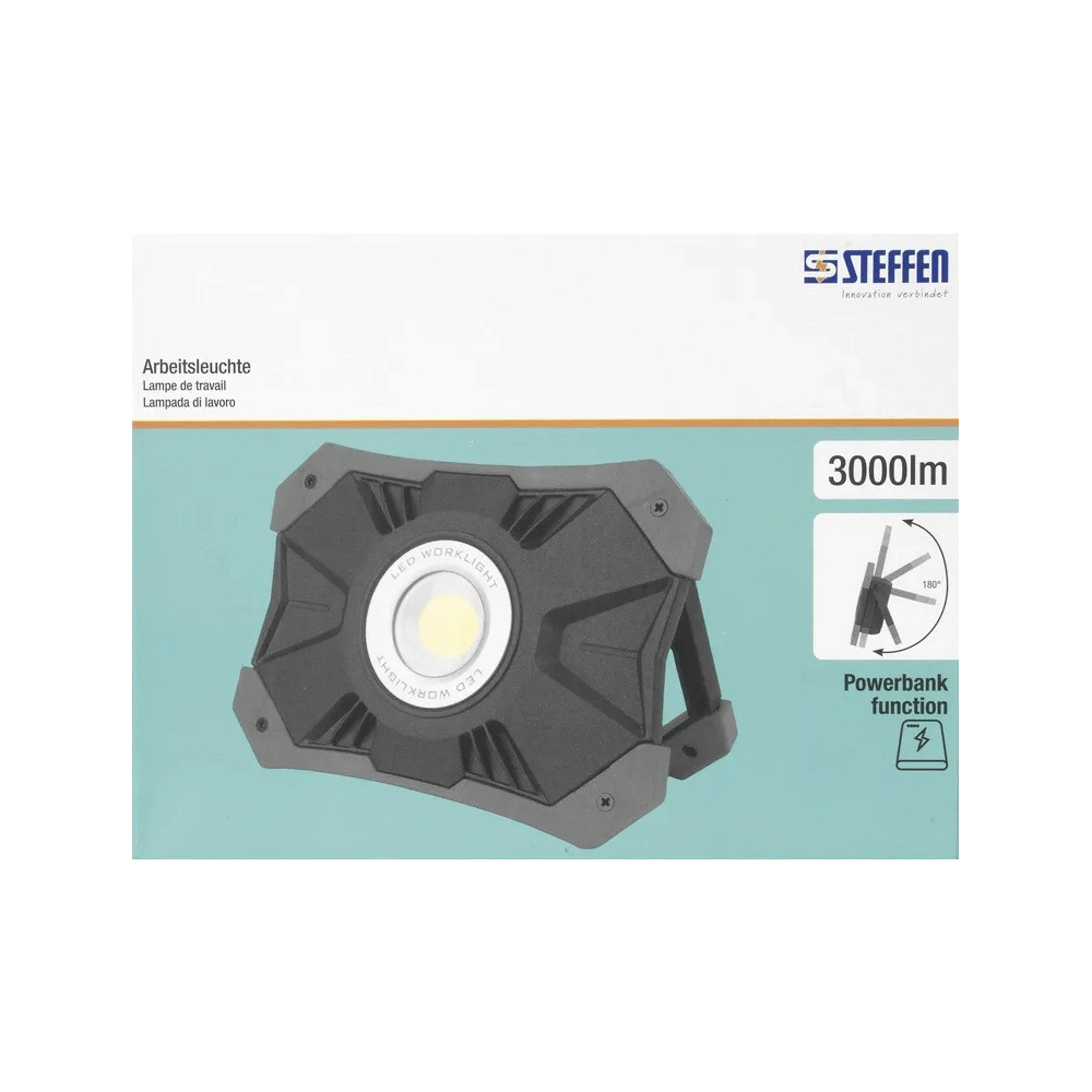 Steffen LED Akku-Arbeitsstrahler 25 W, 3'000 lm, 6500 K, 3-stufig dimmbar, IP54, schwarz/grau