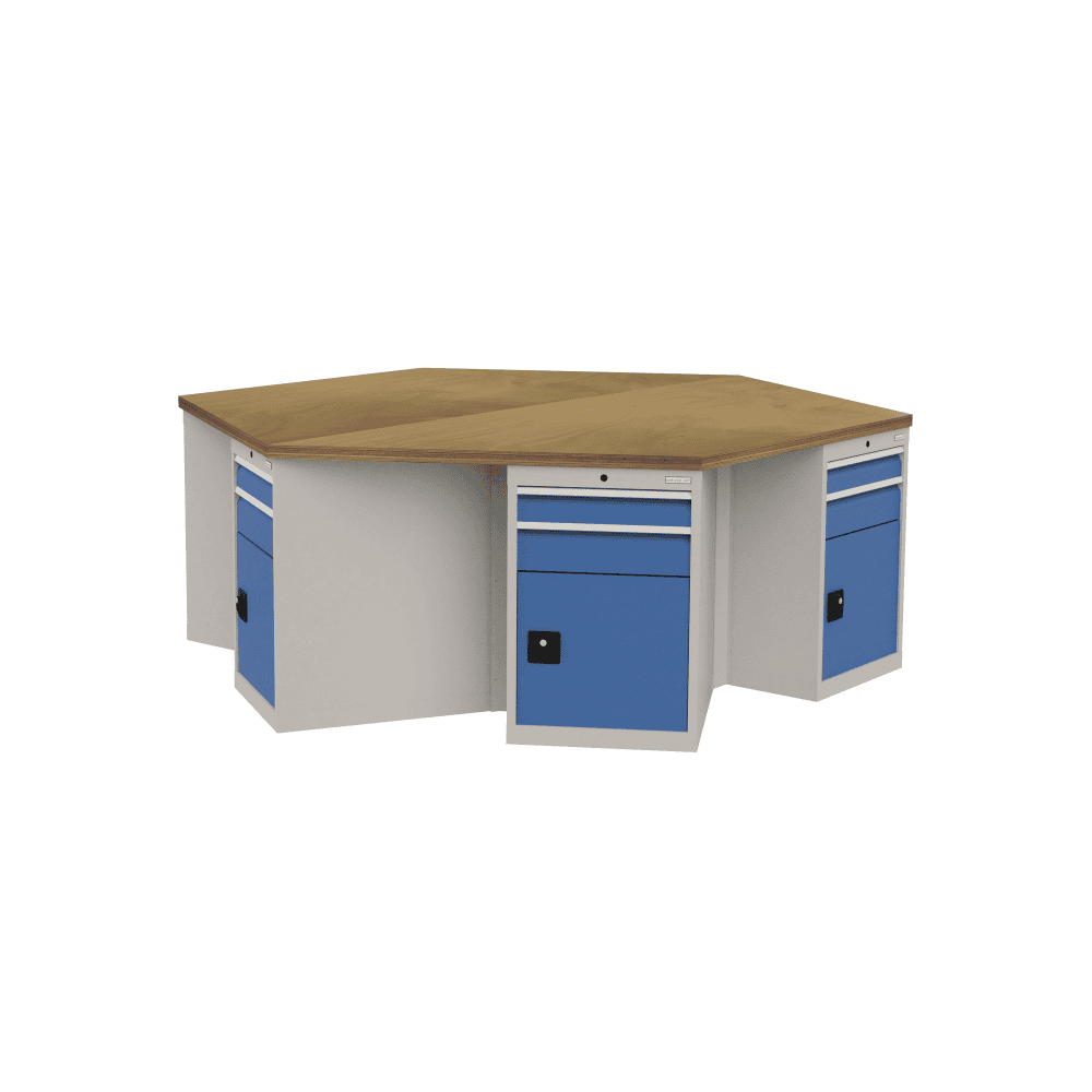 Bedrunka+Hirth 6-Eck-Werkbank mit 6 x Schubladenschränke je 2 Schubladen, 1 Flügeltüre, BxTxH 2500 x 2165 x 859 mm