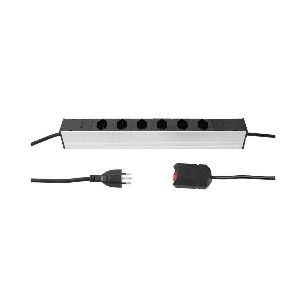 Steffen Steckdosenleiste ALU MODULAR SILVER, 6 x T13, 10 A, IP20, 3 m Kabel mit externem Kabelschalter, silber/schwarz