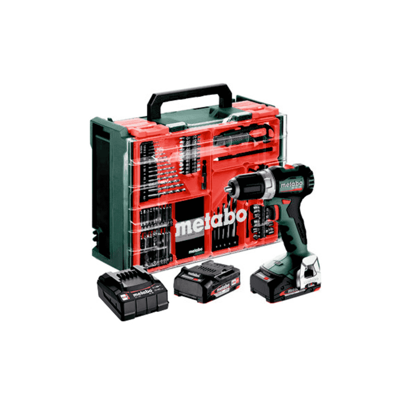 Metabo Akku-Bohrschrauber-Set BS 18 L BL, 18 V mit 2x Li-Power Akkus (18 V / 2.0 Ah), Ladegerät SC 36 und mobiler Werkstatt