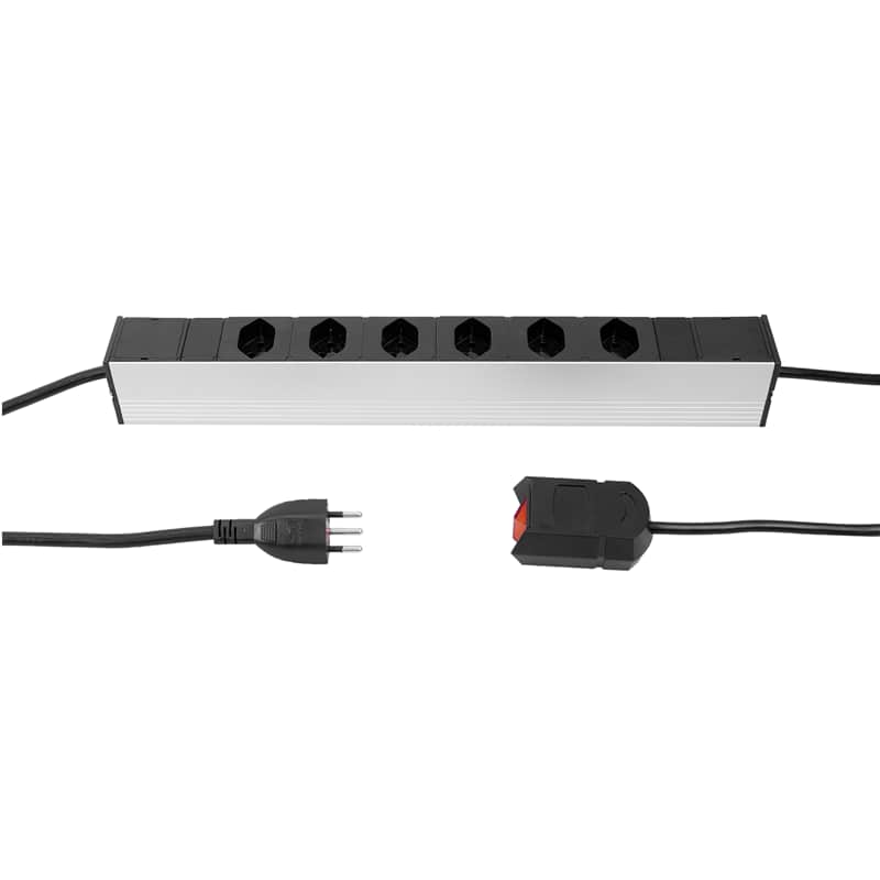 Steffen Steckdosenleiste ALU MODULAR SILVER, 6 x T13, 10 A, IP20, 3 m Kabel mit externem Kabelschalter, silber/schwarz