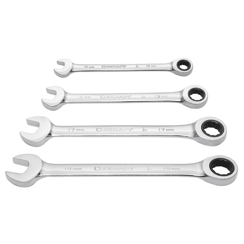 KRAFTWERK Clickraft GearWrench Satz 10–13–17–19 mm aus Chrom-Vanadium, 4-teilig, 72-Zahn-Ratschenmechanismus