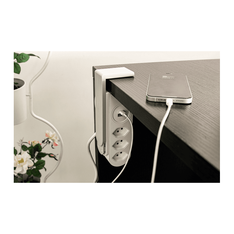 Steffen Steckdosenleiste CLAMP, 3 x T13, USB-A, USB-C, Kabel 1.5 m, weiss