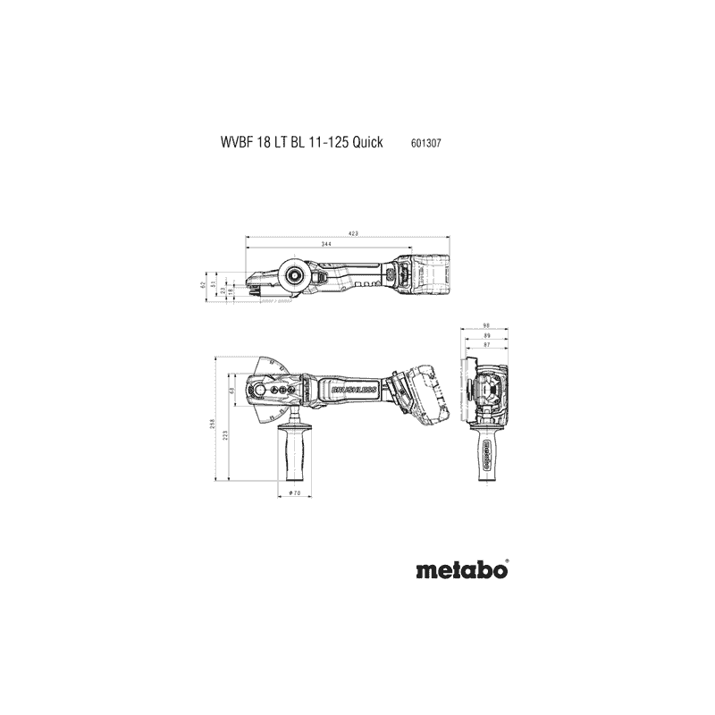 Metabo Akku-Flachkopf-Winkelschleifer WVBF 18 LT BL 11-125 Quick, 18 V (Solo) mit metaBOX 165 L