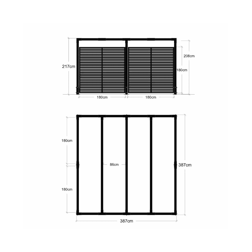 PLUS Pergola Cubic avec clôture Tokyo, noir RAL 9005, L x P x H 3870 x 3870 x 2170 mm