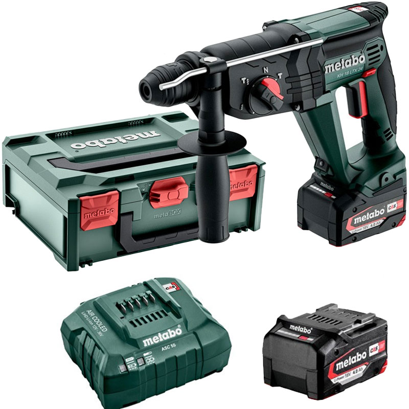 Metabo Akku-Hammer KH 18 LTX 24 mit 2x Li-Power Akkus (18 V / 4.0 Ah), Ladegerät ASC 55 und metaBOX 165 L