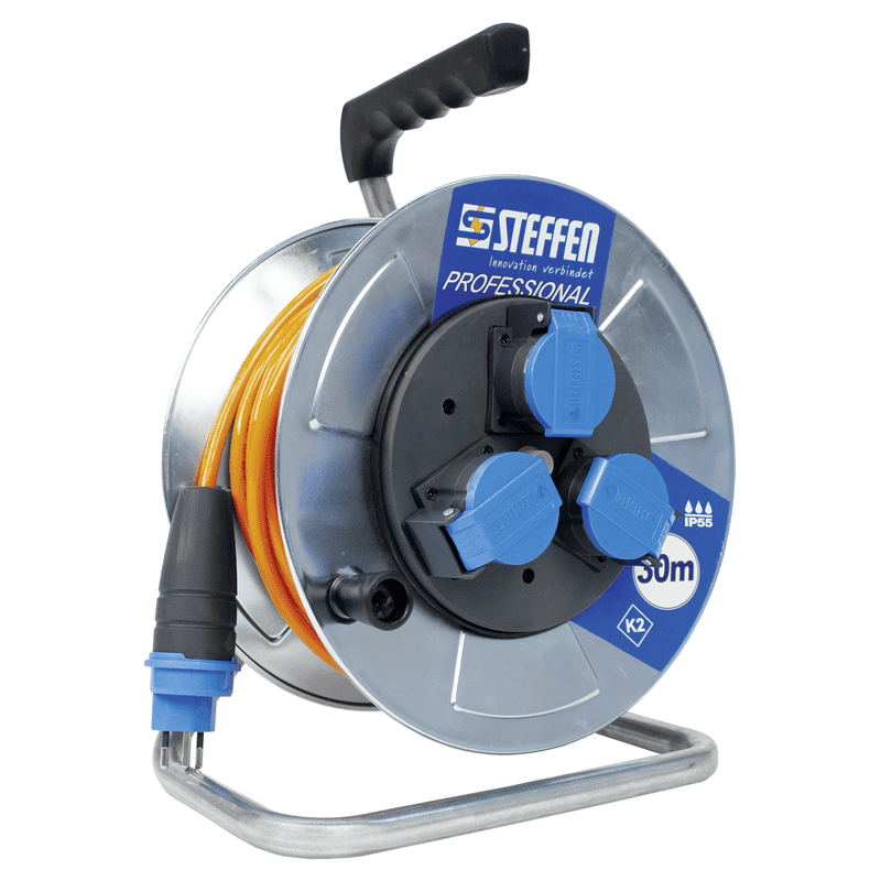 Steffen Metall-Kabelrolle PROFESSIONAL, 3 x T13, PUR, 10 A, Thermoschutz, IP55, silber, diverse Ausführungen