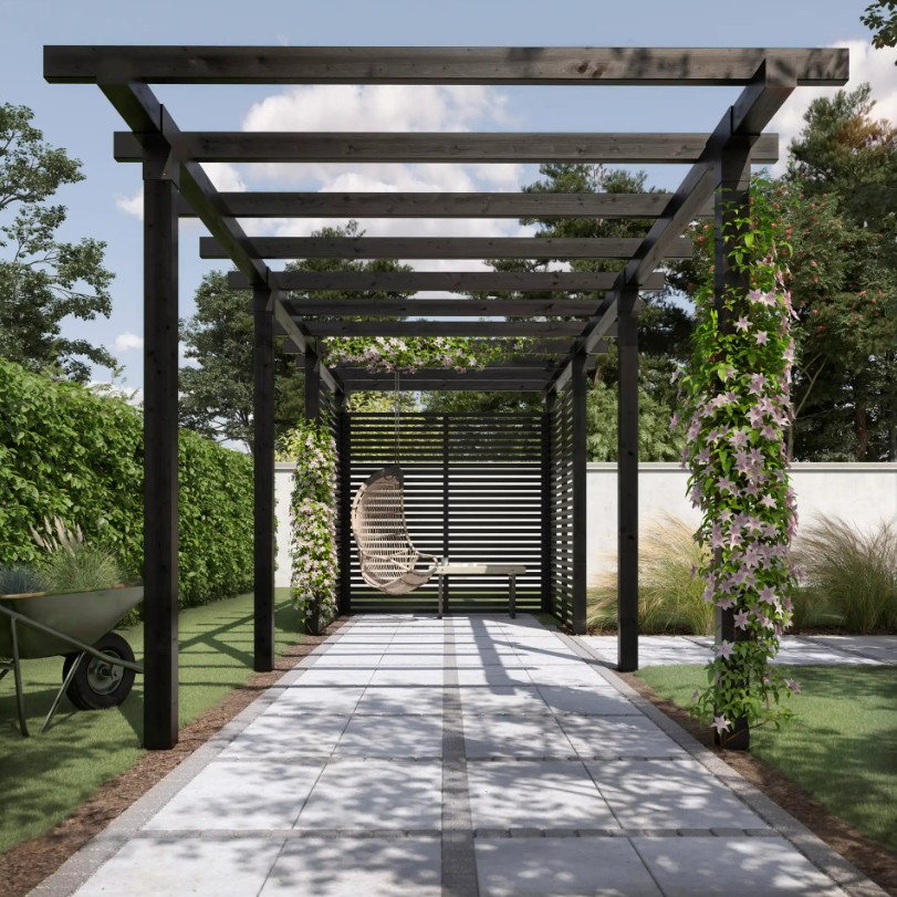 PLUS Pergola double avec clôture Tokyo, noir RAL 9005, modèle 3, L x P x H 6 640 x 2 380 x 2 170 mm