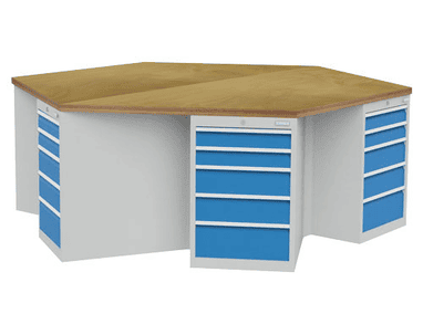 Bedrunka+Hirth 6-Eck-Werkbank, Tiefe 736 mm, R 18-24, Schubladenanzahl je Schrank 5, 2500 x 2165 x 859 mm