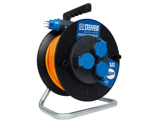 Steffen Kunststoff-Kabelrolle PROFESSIONAL, 3 Steckdosen, PUR 3×1.5 mm², Thermoschutz, IP55, schwarz, 30 m, div. Ausführungen
