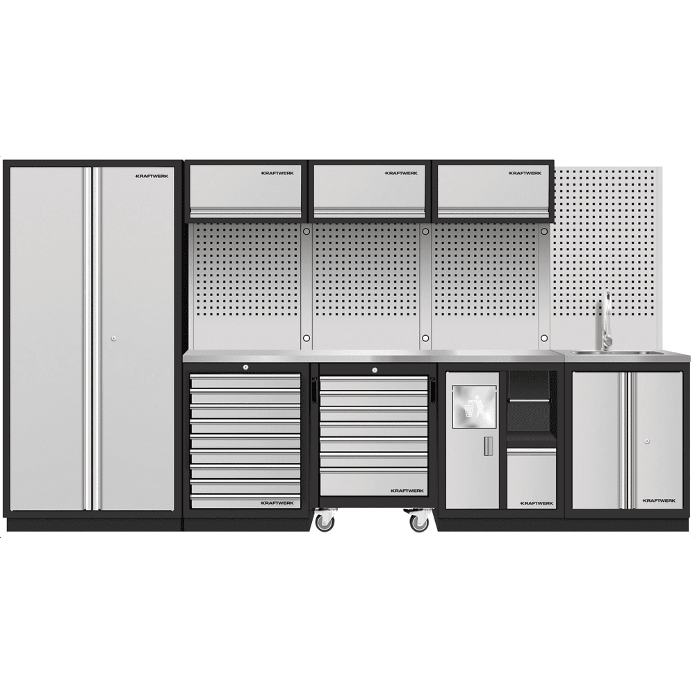 KRAFTWERK Équipement d'atelier MOBILIO SANITORY Combiné 4 éléments, plan de travail en acier inoxydable 430, L x P x H 3635 x 488 x 2000 mm