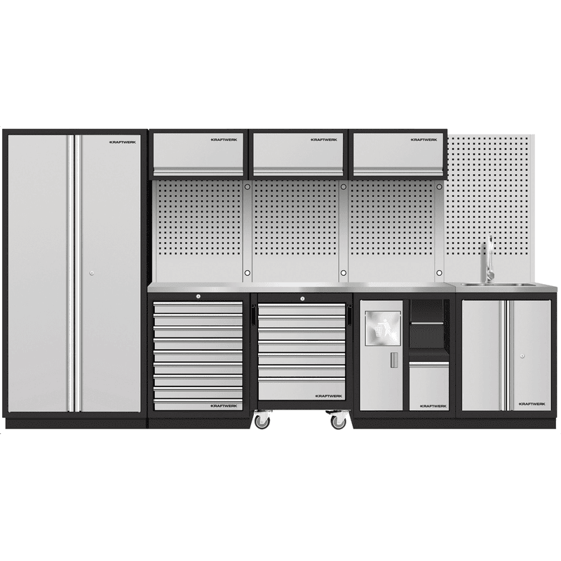 KRAFTWERK Équipement d'atelier MOBILIO SANITORY Combiné 4 éléments, plan de travail en acier inoxydable 430, L x P x H 3635 x 488 x 2000 mm