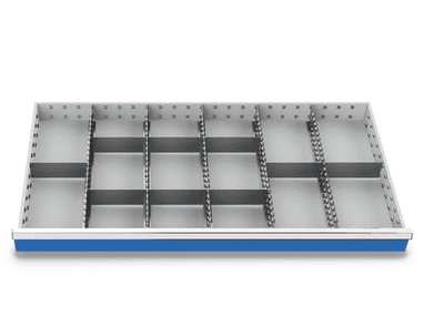 Compartimentage des métallique set 14 pièces, R 48-24, dimension utiles des tiroirs 1200 x 600 mm, en 4 hauteurs de façade