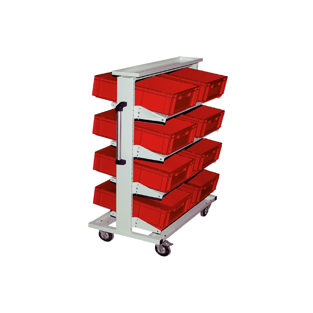 Bedrunka+Hirth Multi-Wagen, 4 x neigbarer Fachboden inkl. Euro-Lagerkästen, 990 x 610 x 1450 mm