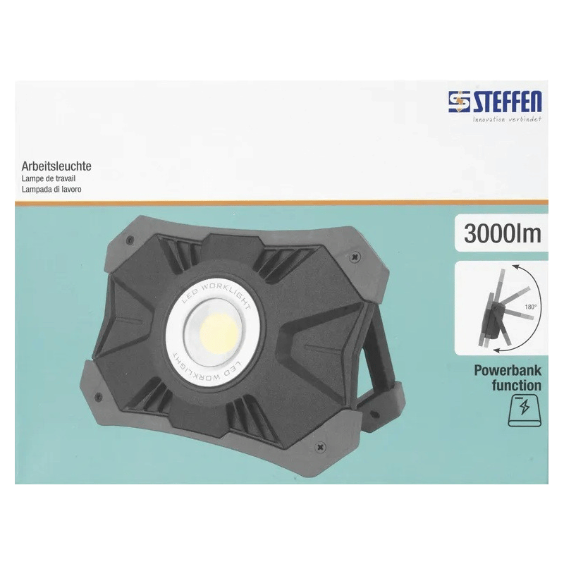 Steffen LED Akku-Arbeitsstrahler 25 W, 3'000 lm, 6500 K, 3-stufig dimmbar, IP54, schwarz/grau
