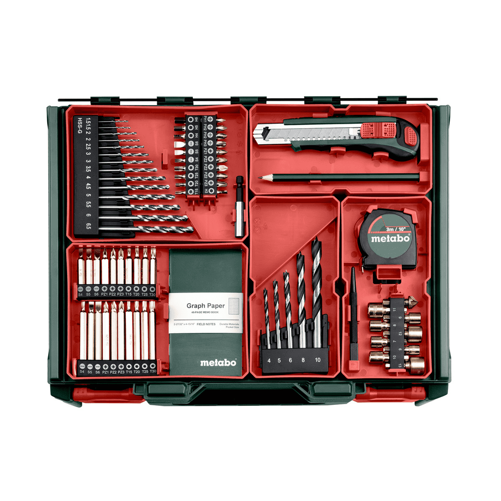 Metabo Akku-Bohrschrauber-Set BS 18 L BL, 18 V mit 2x Li-Power Akkus (18 V / 2.0 Ah), Ladegerät SC 36 und mobiler Werkstatt