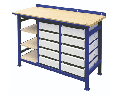 Arbeitstisch aus Stahl mit Arbeitsfläche aus Holz