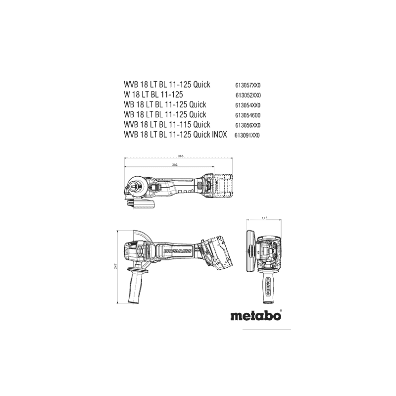 Metabo Akku-Winkelschleifer WB 18 LT BL 11-125 Quick, 18 V mit 2x Li-Power Akkus (18 V / 5.2 Ah), Ladegerät ASC 55 und metaBOX 165 L