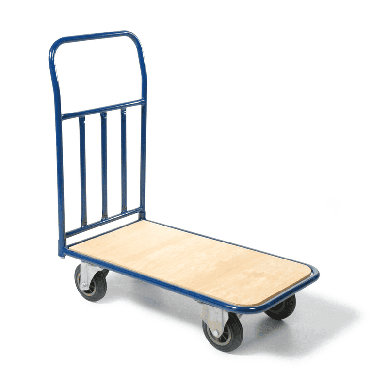 Plattformwagen aus Stahl mit Ladefläche aus Holz 
