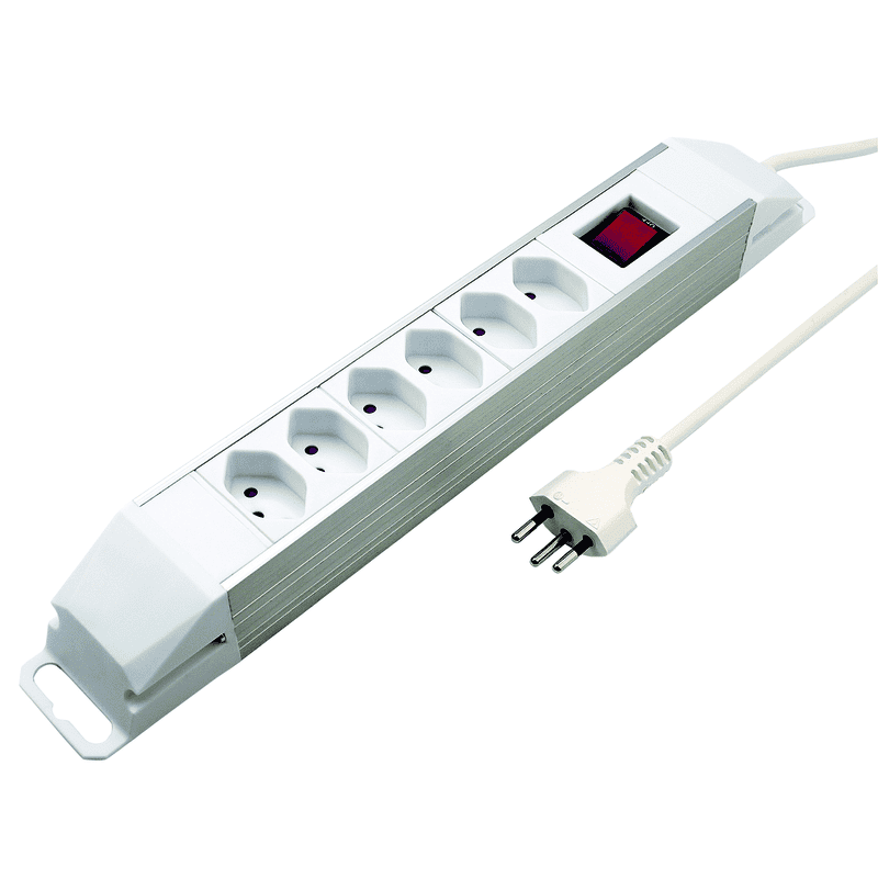Steffen Steckdosenleiste POWER XTRA, 6 x T13 Steckdosen mit Schalter, 10 A, IP20, 2 m Kabel, aluminium/weiss