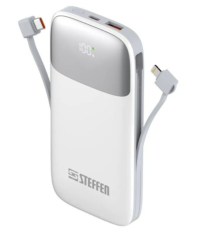 Steffen Powerbank 20 W PD3.0, 10'000 mAh, USB-C/USB-A, integrierte Ladekabel, weiss