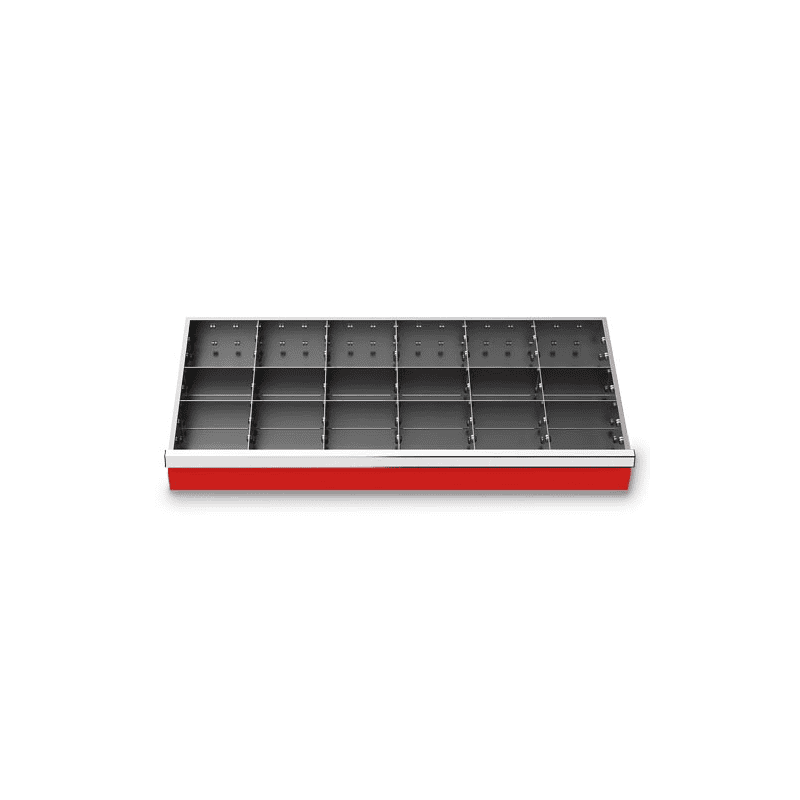 Compartimentage des métallique 17 pièces, R 36-16, dimension utiles des tiroirs 900 x 400 mm, en 4 hauteurs de façade