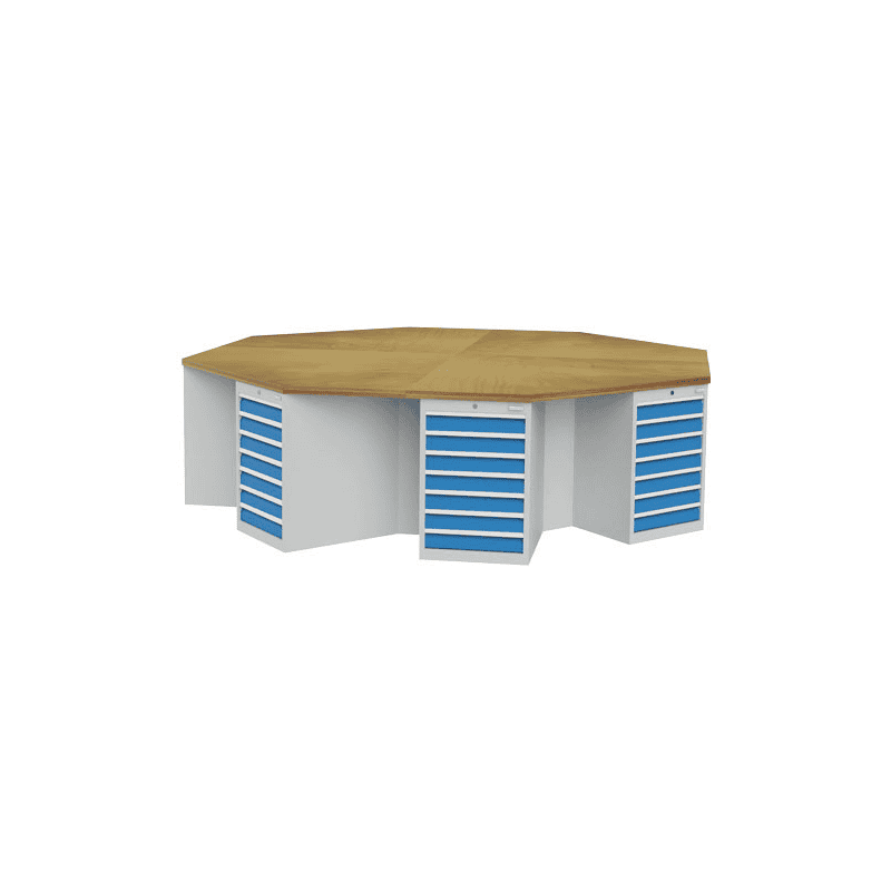 Bedrunka+Hirth 8-Eck-Werkbank, R 18-24, Schubladenanzahl je Schrank 7, BxTxH 3020 x 3020 x 859 mm